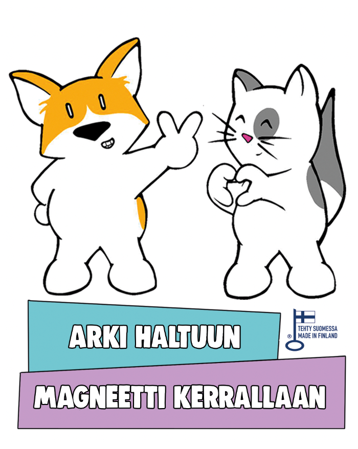 Sujuvat Toimet: kettu ja kissa sekä slogan Arki haltuun, magneetti kerrallaan.