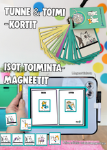 Lataa kuva Galleria-katseluun, Tunne- &amp; toimi -kortit, Isot Toimintamagneetit Taika ja Tuisku -kuvilla + Magneettialusta
