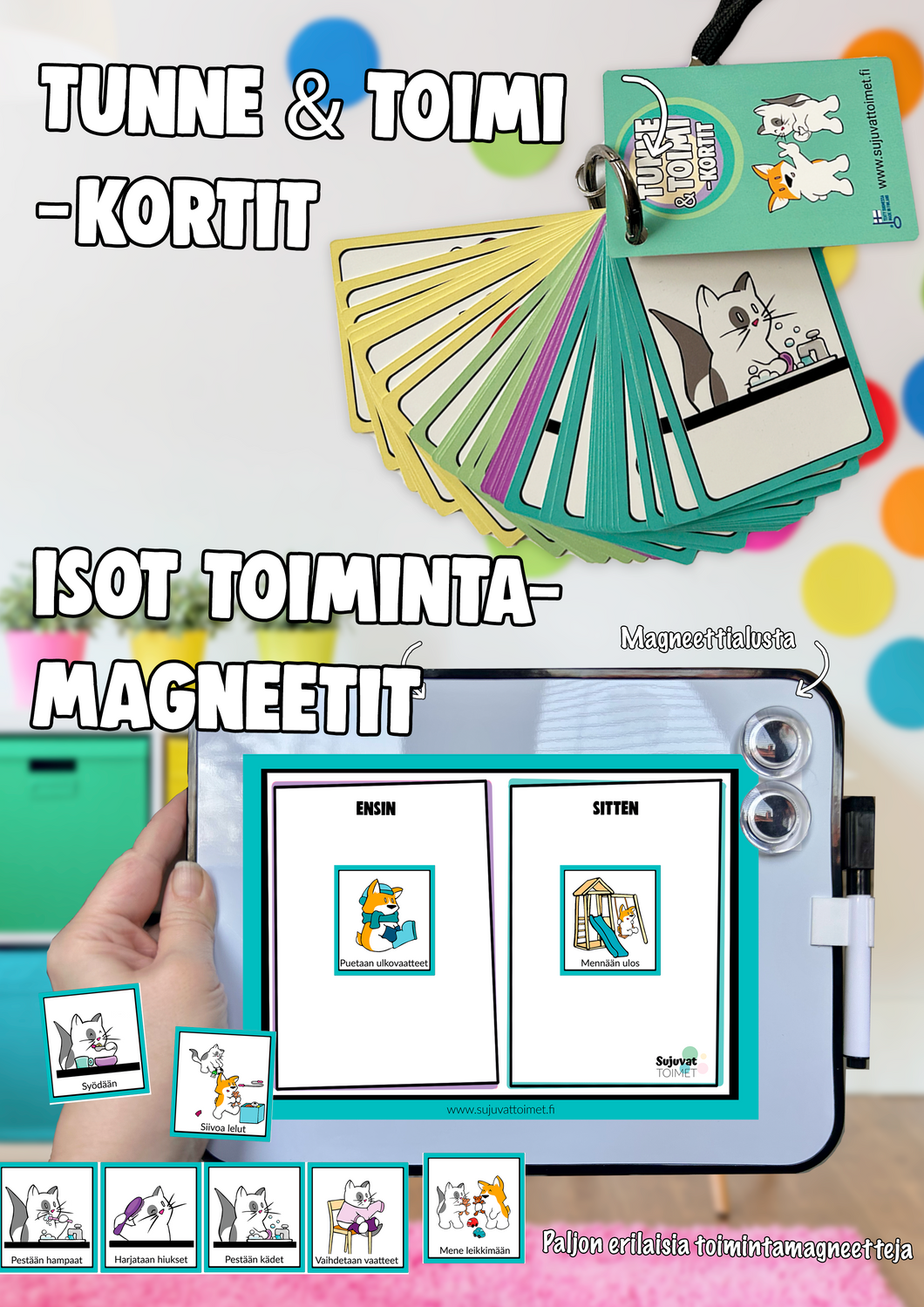 Tunne- & toimi -kortit, Isot Toimintamagneetit Taika ja Tuisku -kuvilla + Magneettialusta